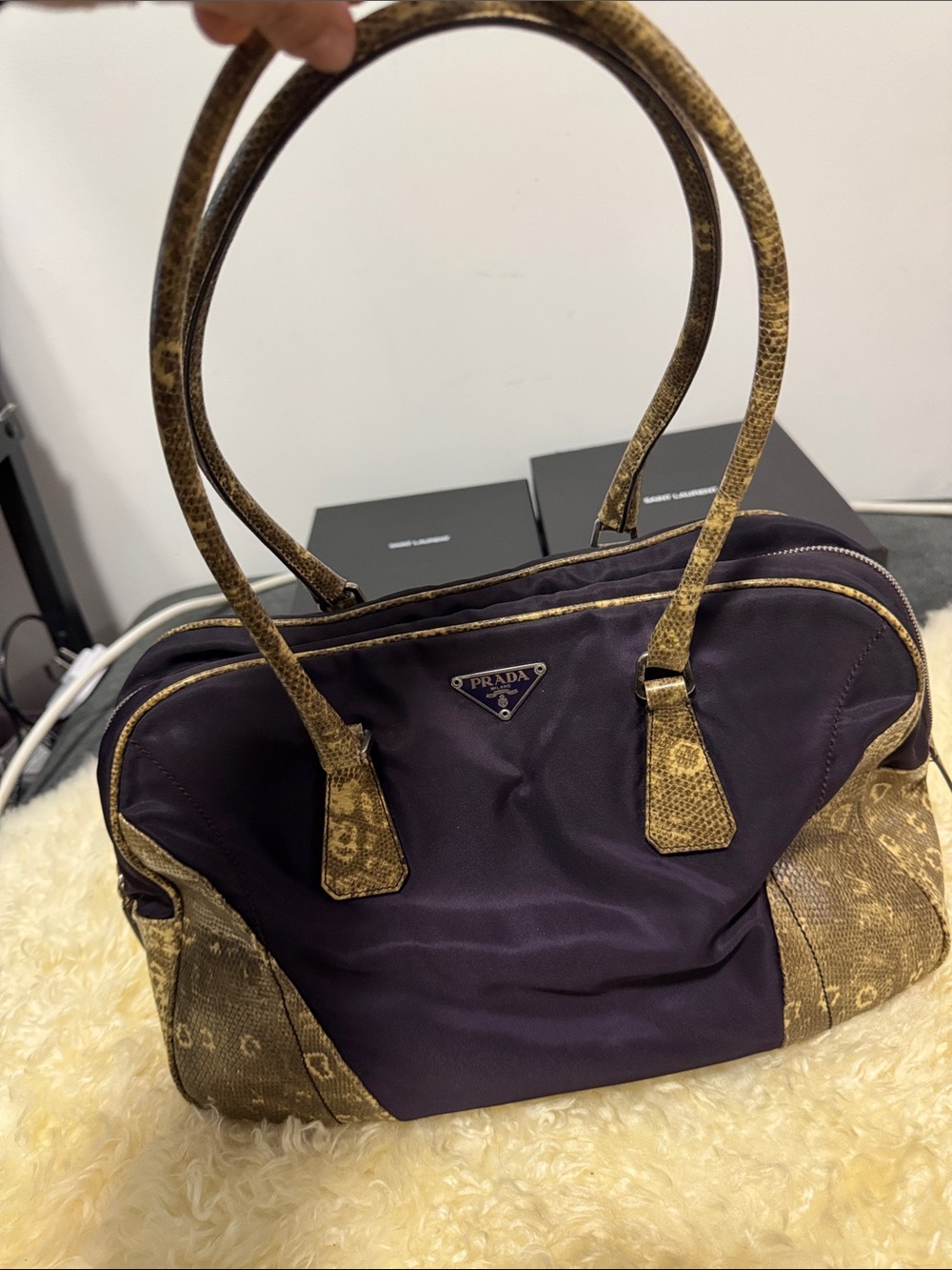 Prada Purple Nylon Shoulder Bag with Brown Leather Trim